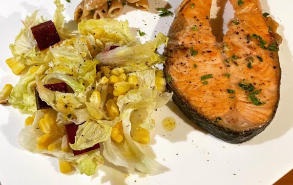 Pan Fried Salmon With Pasta And Beetroot Corn Salad