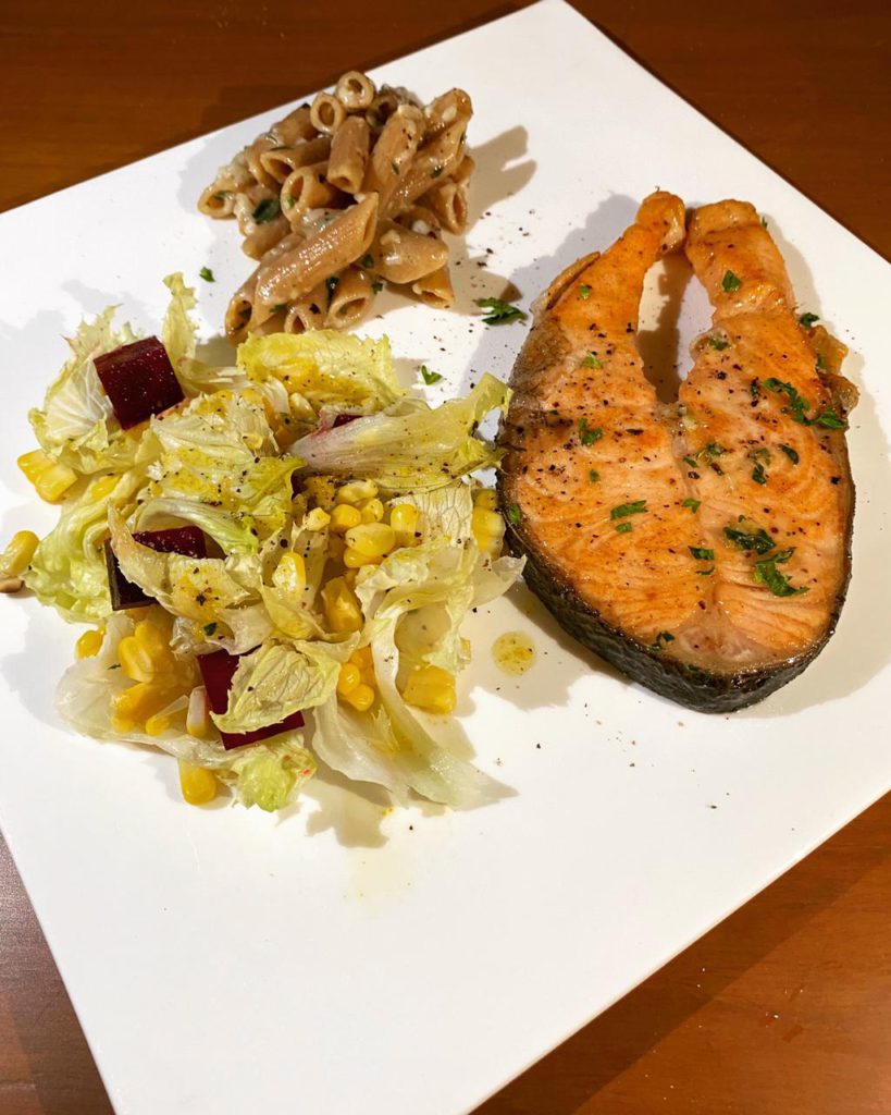 Pan Fried Salmon With Pasta And Beetroot Corn Salad