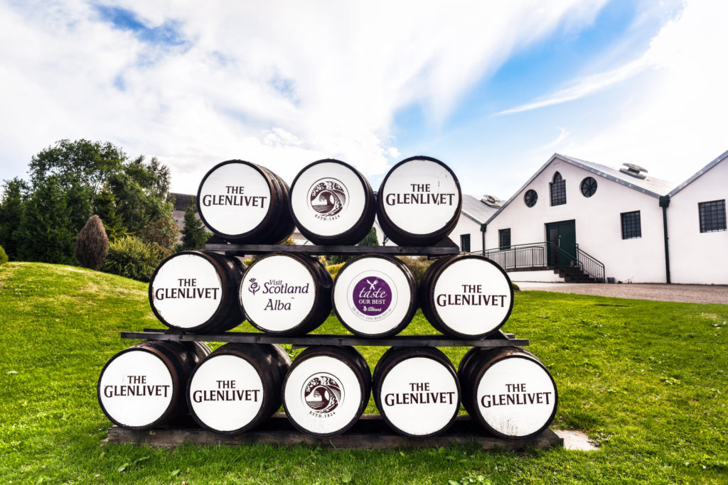 Whisky barrels at the entrance of Glenlivet Distillery