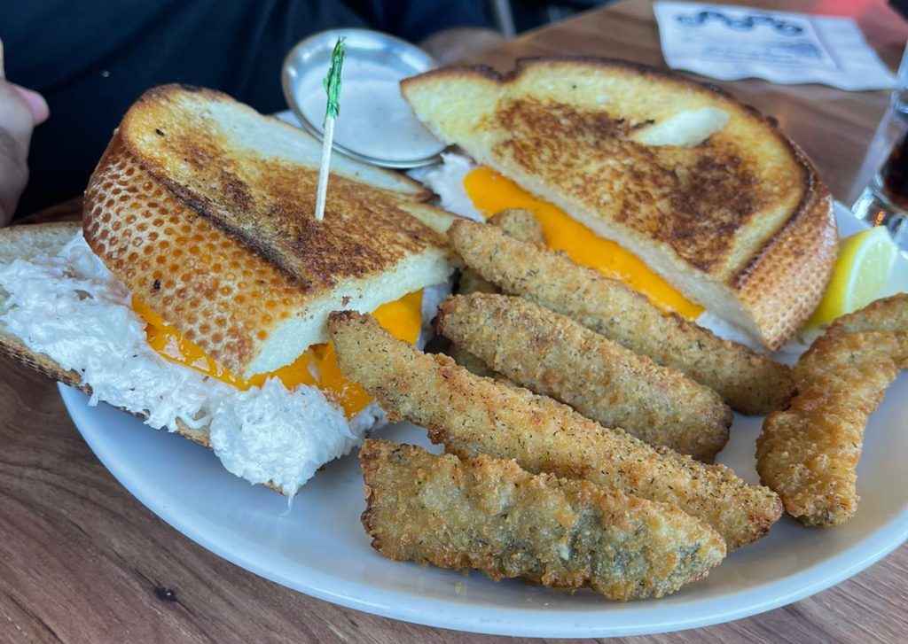 Grilled Crab Sandwich with picked fries