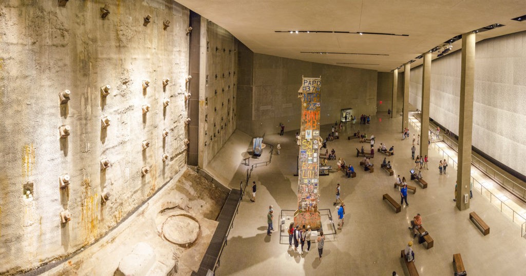 Panoramic view of the interior National 9/11 Memorial Museum. The Last Column Remnants and Slurry Wall. Ground Zero in Lower Manhattan, New York City, USA