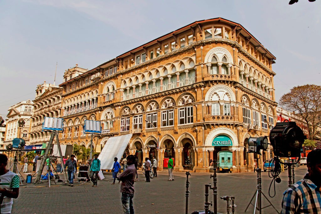 film shooting is about to take place in front of the ELPHINESTINE BUILDING at Veer Nariman Road in the heart of the city Mumbai, India