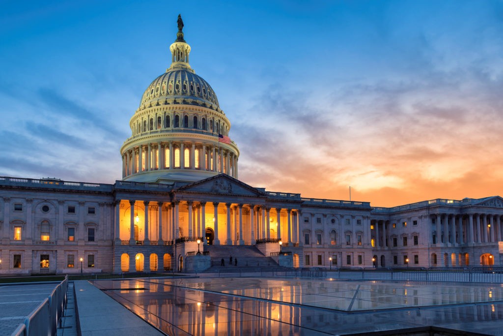 The United States Capitol building at sunset, Washington DC, USA.