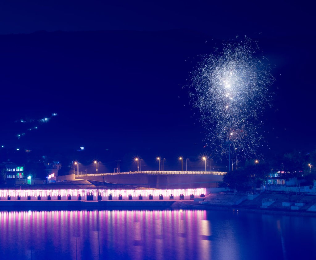 Fireworks above Pushkar lake, Rajasthan, India.