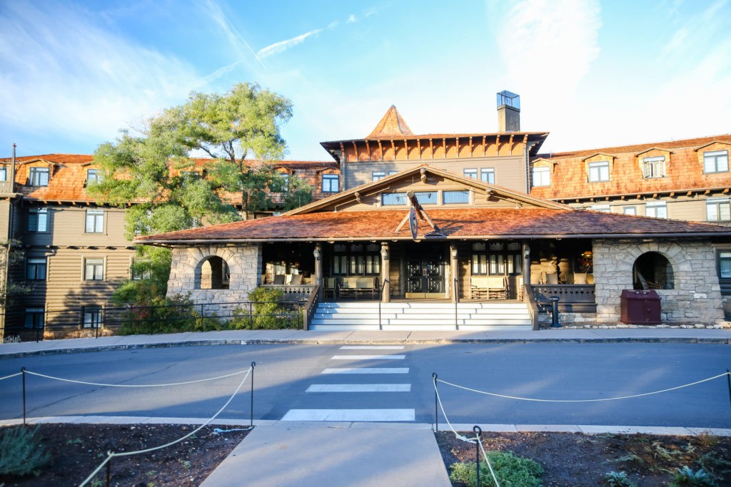 Exterior entrance to El Tovar Hotel and dining room on the South Rim of the Grand Canyon
