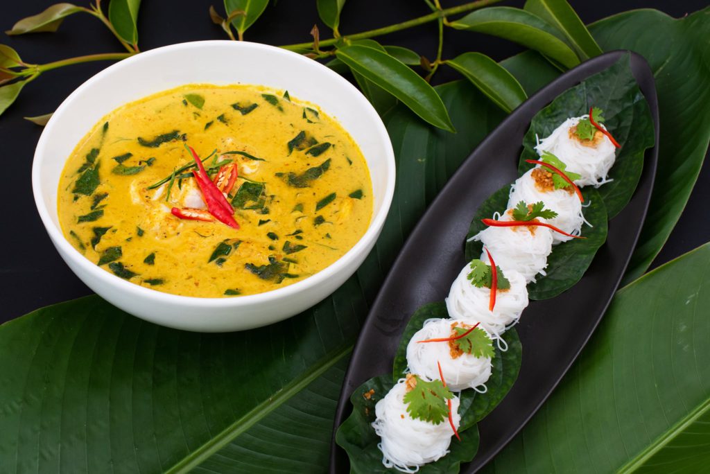 Southern Thai Style Betel leaves and Crab in Coconut Curry with Noodles