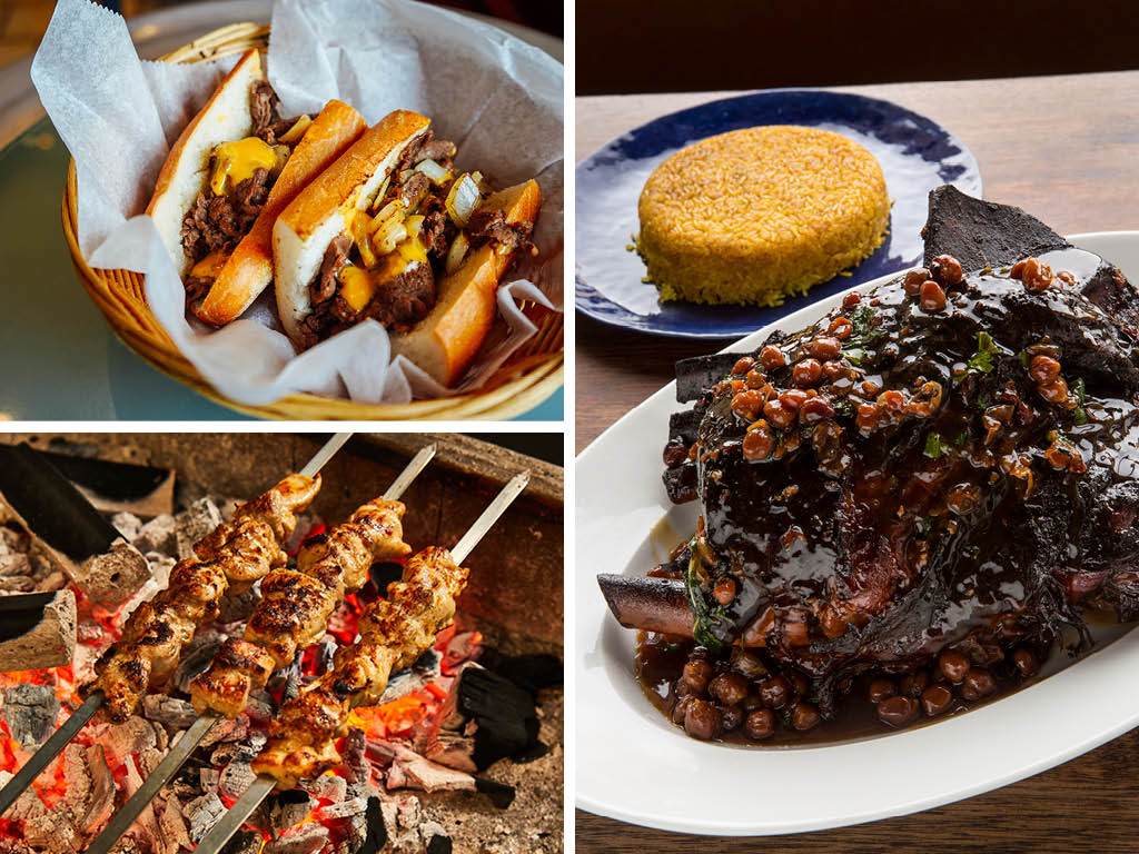 Clockwise from top left: Campo’s cheesesteaks, Zahav’s middle-eastern offerings and Laser Wolf’s chicken shishlik. Photos by: Kyle Huff; Michael Persico (Zahav, Laser Wolf)