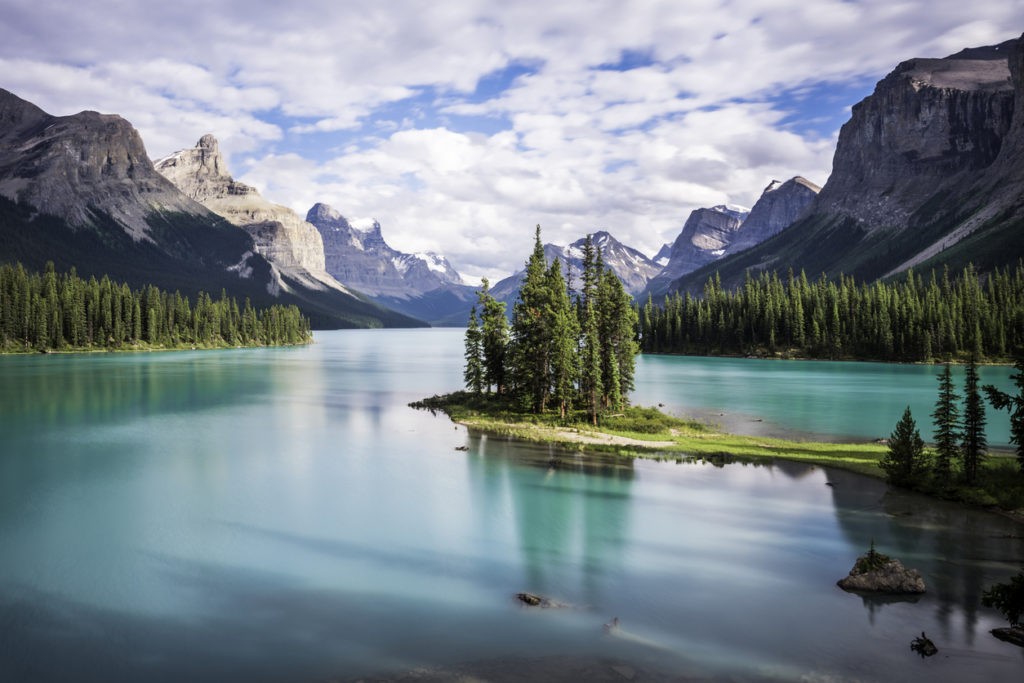 Spirit Island in Maligne Lake at sunset, Jasper National Park, Alberta, Canada.