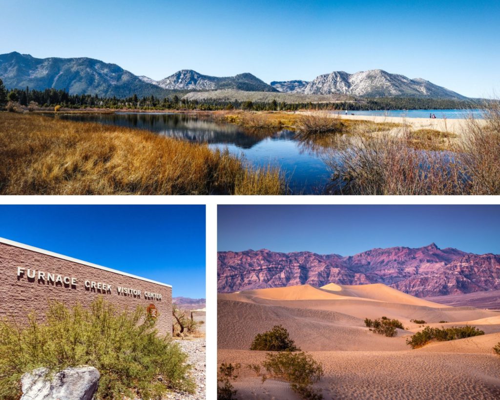 Clockwise from top left: Eldorado National Forest, Death Valley National Park, Furnace Creek Visitor Centre