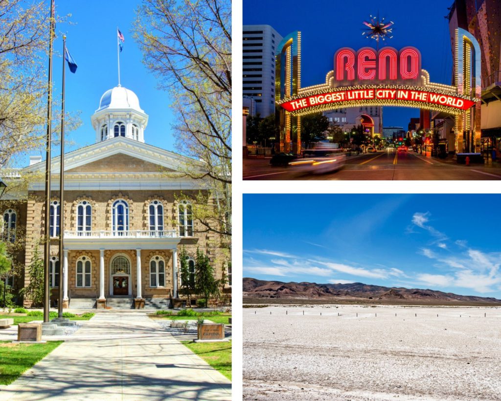 Clockwise from top left: The Nevada State Capitol in Carson city, Iconic Welcome Sign to Reno City, Desert View on Highway 95 near Fallon Nevada.