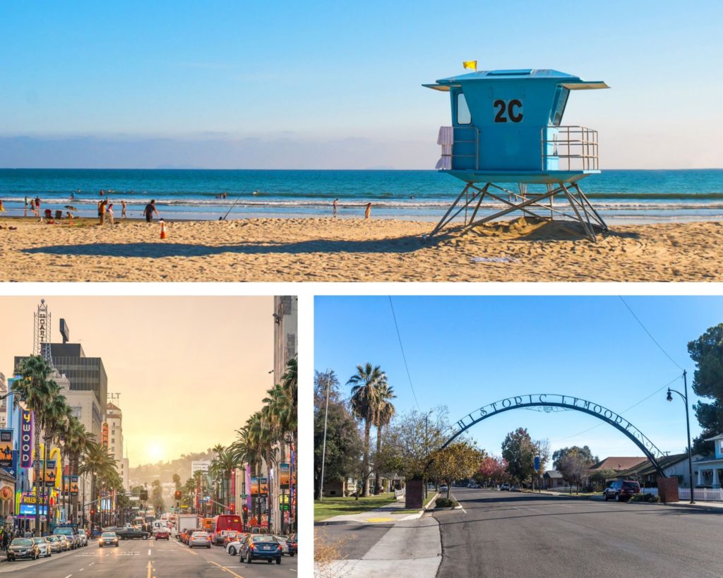 Beach in San Diego, Lemoore Historic Downtown entrance in Central California, Los Angeles