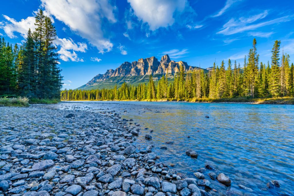 Castle Mountain and Bow River in National Park in the Canadian Rockies