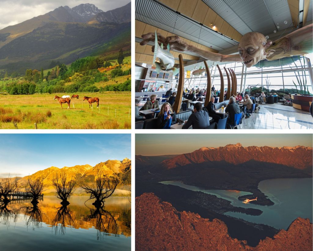 Clockwise from left to right: Paradise and Glenorchy, that were the setting for several scenes in the Lord of the Rings and Hobbit trilogies (Photo: New Zealand Tourism); Gollum sculpture at Wellington airport (Photo: Getty images); Lake Wakatipu and Haast Swamp on the west coast of New Zealand’s South Island provided landscape references for the Dead Marshes that Frodo and Sam negotiate with Gollum’s help in The Two Towers, the second film of the Lord of the Rings trilogy (Photo: Getty images); Helicopter rides from Queenstown take in impressive views of Lake Wakatipu (Photo: New Zealand Tourism)