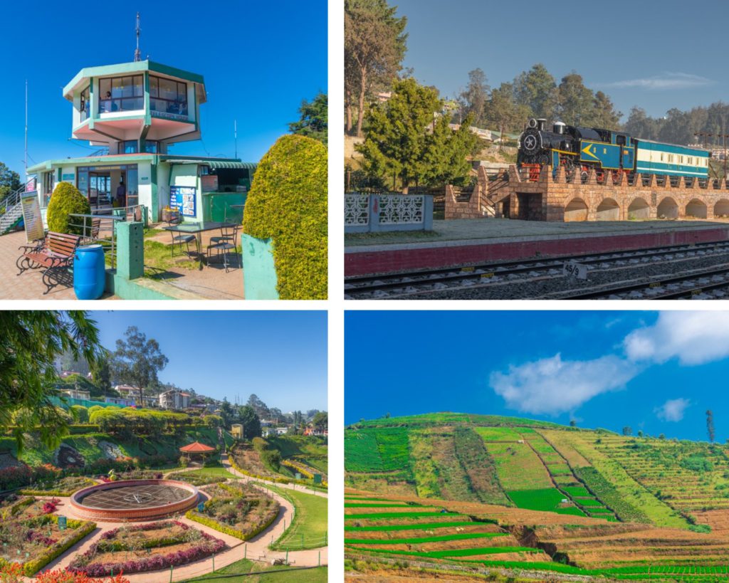 Clockwise from left to right: Doddabeta View Point; Nilgiris Mountain Railway; Avalance Canion Hill and Rose Garden. Photo Courtesy: Tamil Nadu Tourism