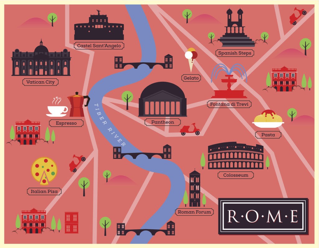 City Map Illustration of Rome. Landmarks and Vector Map Icons.