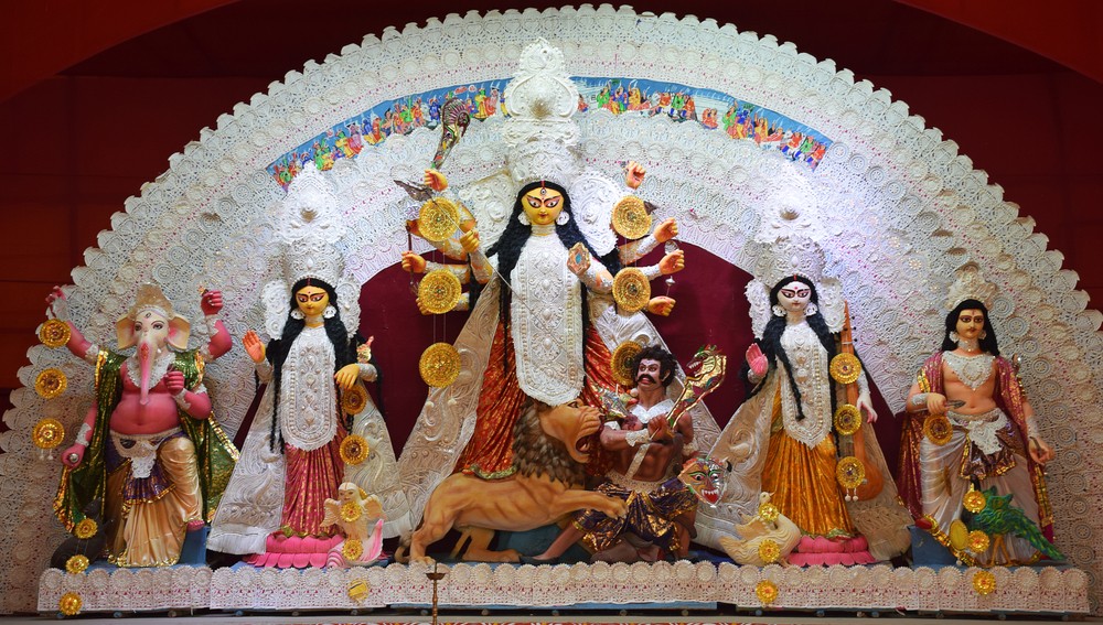Durga Puja celebrations in a pandal in Delhi