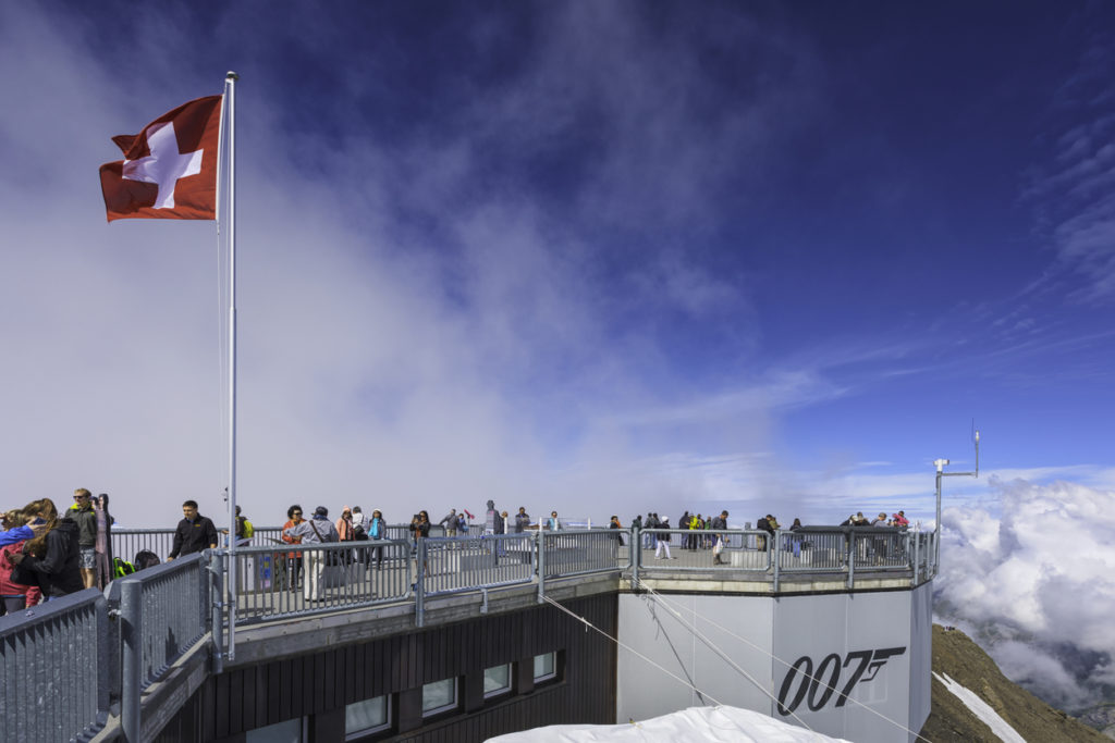 The viewing platform of the 007-themed (featured in Her Majesty's Secret Service from 1969) mountain top of Schilthorn in the Bernese Alps, Switzerland.