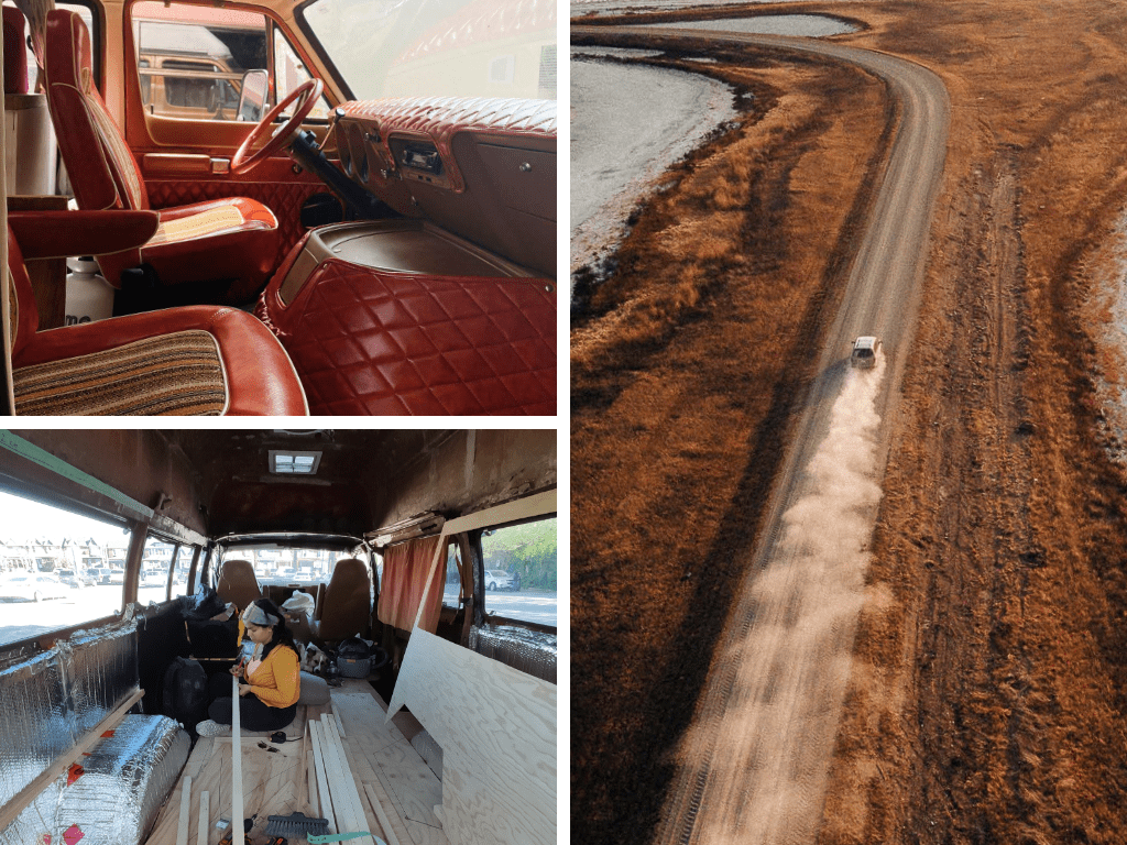 Clockwise from top left: The front seat of the couple’s vintage campervan; the two have been on the road on a pan-American journey for the past two years now; The couple outfitted their caravan themselves. Photos courtesy: Smriti and Kartik (@thebrownvanlife)