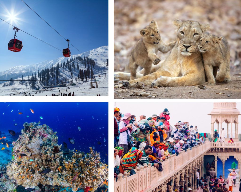 Clockwise from left to right: Gulmarg, Gir National Park, Mathura, and Andamans

