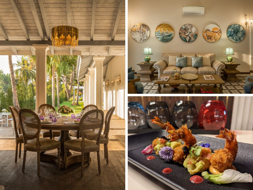 Be it al-fresco dining at East Garden (left), lounging in the Sala Room (top) or catching a quick bite (bottom), the design-forward choices are visible from architecture to food. Photo Courtesy: MansionHaus, Photo by: Muskaan Gupta (food)