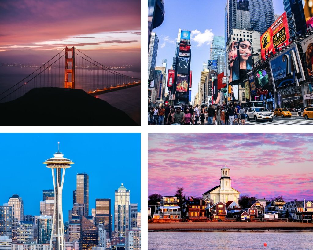 Clockwise from Left to Right: San Francisco; New York; Provincetown; and Seattle