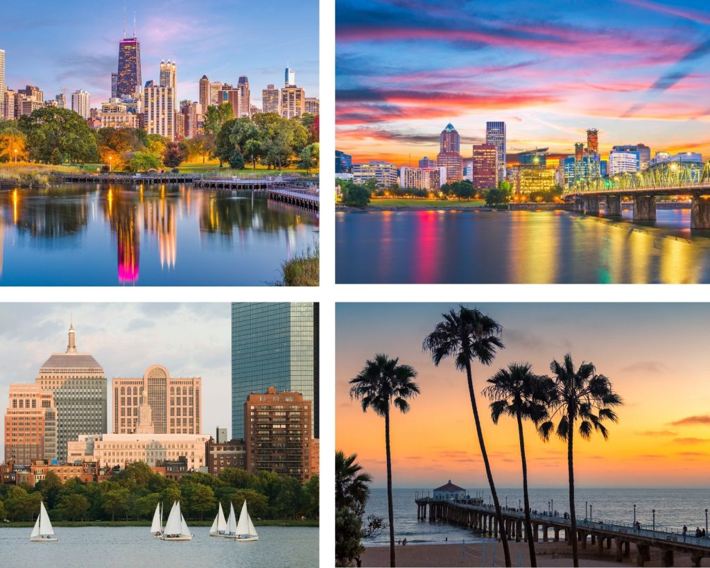 Clockwise from Left to Right: Chicago; Portland; Los Angeles; and Boston