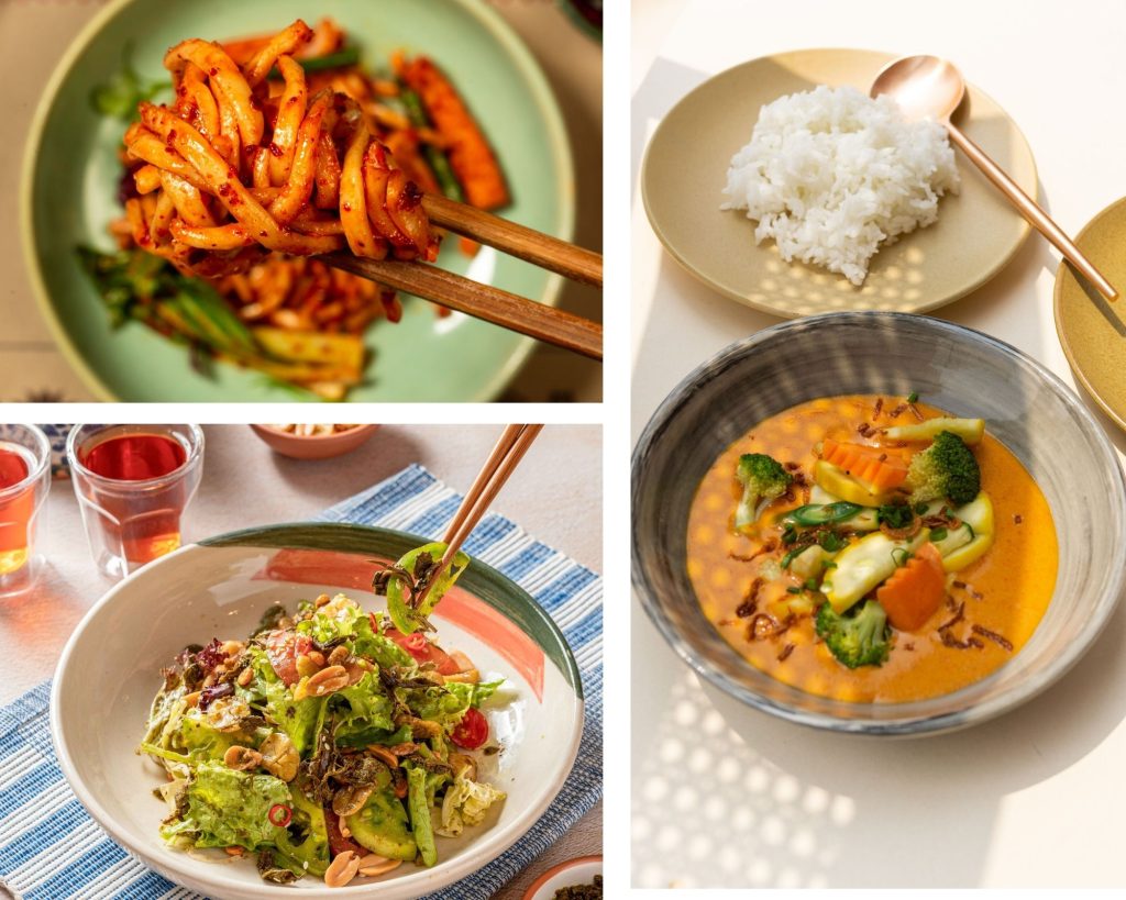 Clockwise from left to right: Uncle Maung's Chilli Garlic Noodles; Mekong Curry; and Tea Leaf Salad. Photo courtesy: Burma Burma