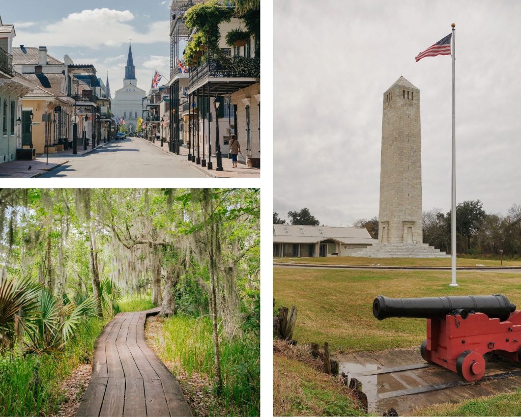Clockwise from left to right: French Quarter and Chalmette Battlefield. Photos by Paul Broussard & NewOrleans.com; Jean Lafitte National Historical Park. Photo by Rebecca Todd & NewOrleans.com
