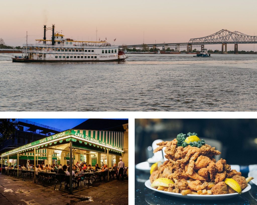 
Clockwise from left to right: Creole Queen; Deanie's Seafood; and Cafe du Monde. Photos by Paul Broussard & NewOrleans.com.
