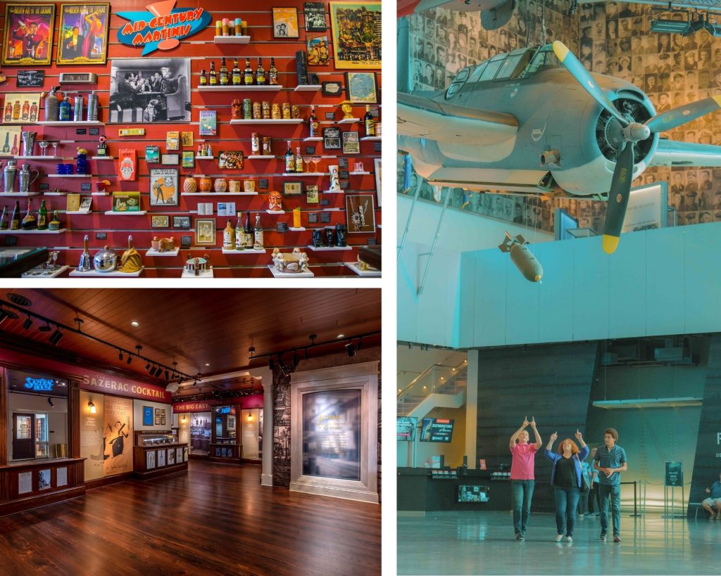 Clockwise from left to right: Southern Food & Beverage Museum. Photo: Rebecca Todd & NewOrleans.com; The National World War II Museum. Photo: Justen Williams & 343 Media; and  SazeracHouse. Photo: Stephen Young & NewOrleans.com