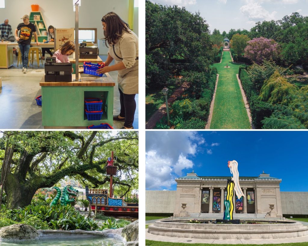 Clockwise from left to right: Family Enjoying the Louisiana Children's Museum and City Park. Photos by Justen Williams & 343 Media; New Orleans Museum of Art and Carousel Gardens. Photos by Zack Smith Photography & NewOrleans.com. 