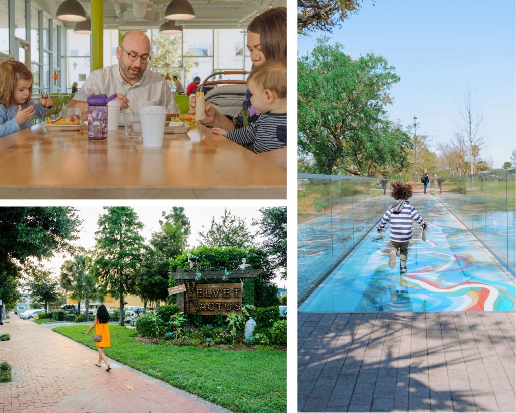 Clockwise from left to right: Family Enjoying Lunch at Alcorn Cafe at the Children's Museum in City Park and Sydney and Walda Besthoff Sculpture Garden. Photos by Justen Williams & 343 Media; and Velvet Cactus. Photo by Rebecca Todd & NewOrleans.com