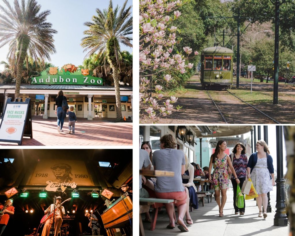 Clockwise from left to right: Audubon Zoo. Photo by Justen Williams & 343 Media; St. Charles Streetcar. Photo by Paul Broussard & NewOrleans.com; Magazine Street Shopping. Photo by Chris Granger & NewOrleans.com; and Tipitina’s. Photo by Justen Williams, 343 Media & NewOrleans.com.