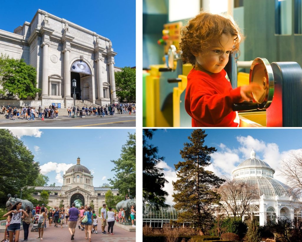 Clockwise from left to right: American Museum of Natural History. Photo by Alvaro Keding; Children's Museum of Manhattan. Photo by: Museum of Manhattan; New York Botanical Garden. Photo by New York Botanical Garden; and Bronx Zoo. Photo by NYC Tourism