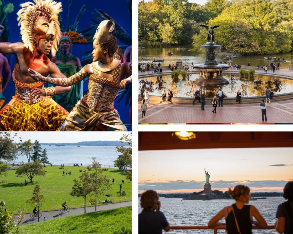 Clockwise from left to right: The Lion King on Broadway ©Disney. Photo by Matthew Murphy; Central Park and Staten Island Ferry. Photo by: Christopher Postlewaite; New York Botanical Garden. Photo by New York Botanical Garden; and Governor's Island. Photo by Julienne Schaer and NYC Tourism