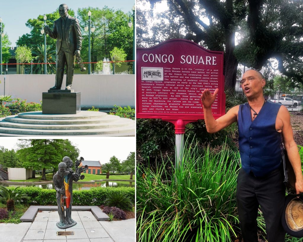 L-R: Louis Armstrong Statue at Louis Armstrong Park, David Hennings at Cong Square, Charles Buddy Bolden statue in Louis Armstrong Park. Photos: NewOrleans.Com and Ritika Basu for Travel and Food Network