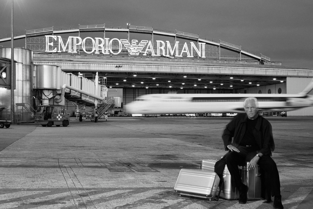 Flying high: Giorgio Armani photographed for Designers’s World in Elle Magazine, May 1997. Photograph: Jean-Marie Périer/Courtesy of Giorgio Armani