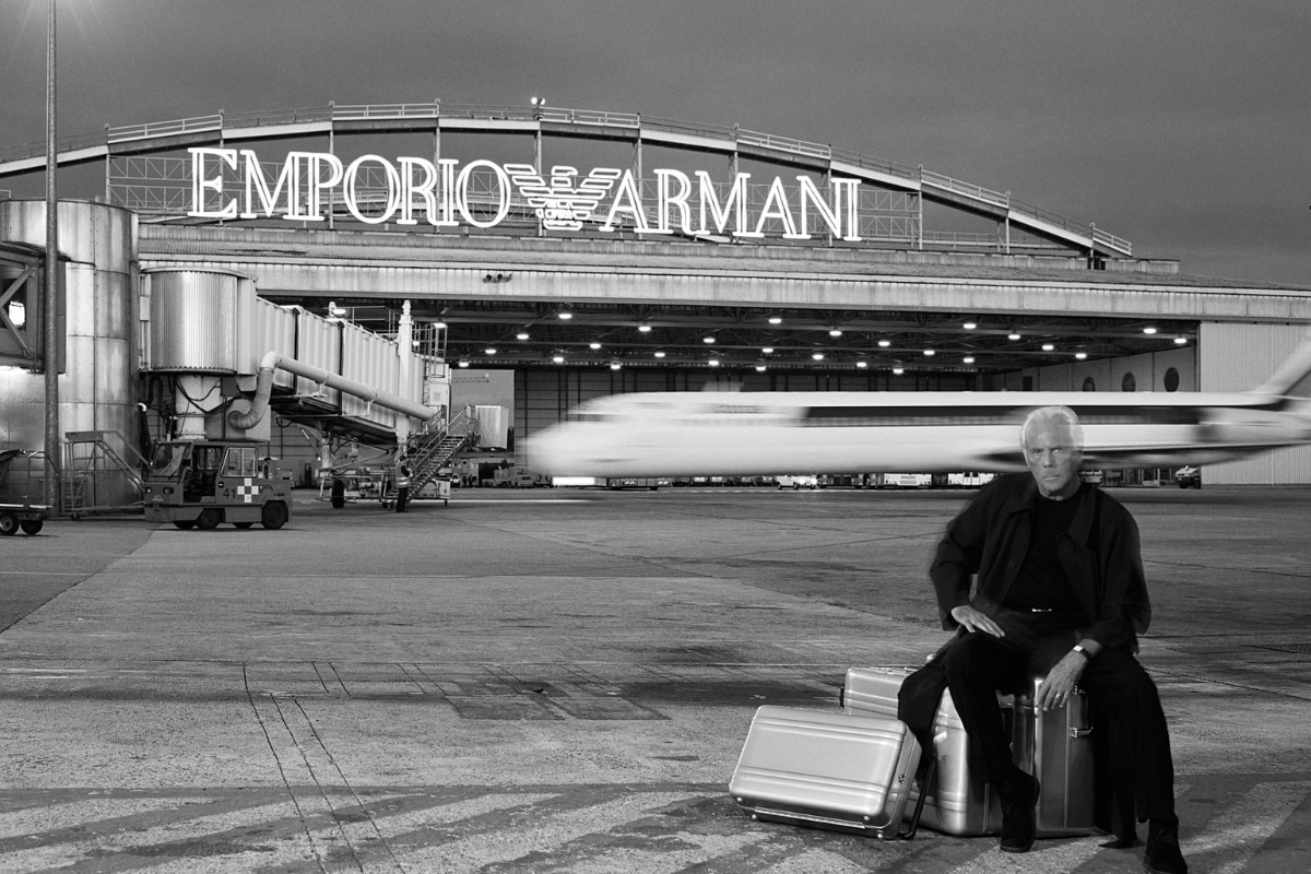 Flying high: Giorgio Armani photographed for Designers’s World in Elle Magazine, May 1997. Photograph: Jean-Marie Périer/Courtesy of Giorgio Armani