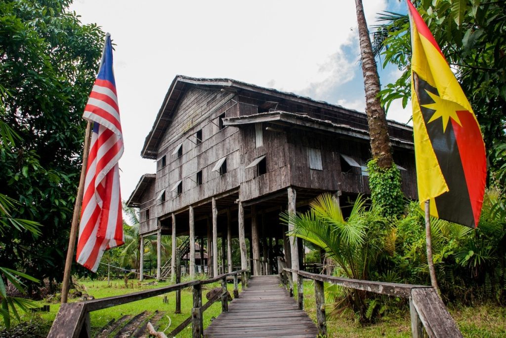 Traditional wooden houses Nelanau Yall in the Kuching to Sarawak Culture village. Borneo, Malaysia
